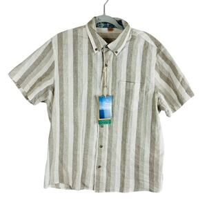New Tailor Vintage Mens Large Shirt Stripe Button Linen Blend Short Sleeve NWT